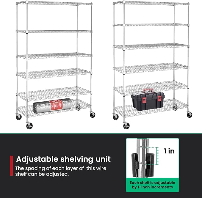 PayLessHere Commercial Grade 6 Tier Adjustable Storage Shelf Heavy Duty Metal Shelf NSF Certified Wire Shelving Unit with Wheels 6000LBS Capacity 18" D x 48" W x 72" H,Chrome