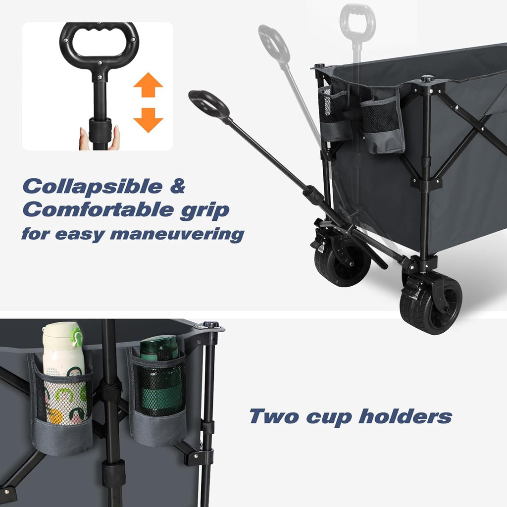 Chihee Garden Cart Collapsible Outdoor Utility Wagon Cart,Folding Beach Cart Oversized Capacity 254L,Heavy Duty Portable Wagon All Terrain Wheels Oversized Side Pocket 2 Drink Holders for Camping