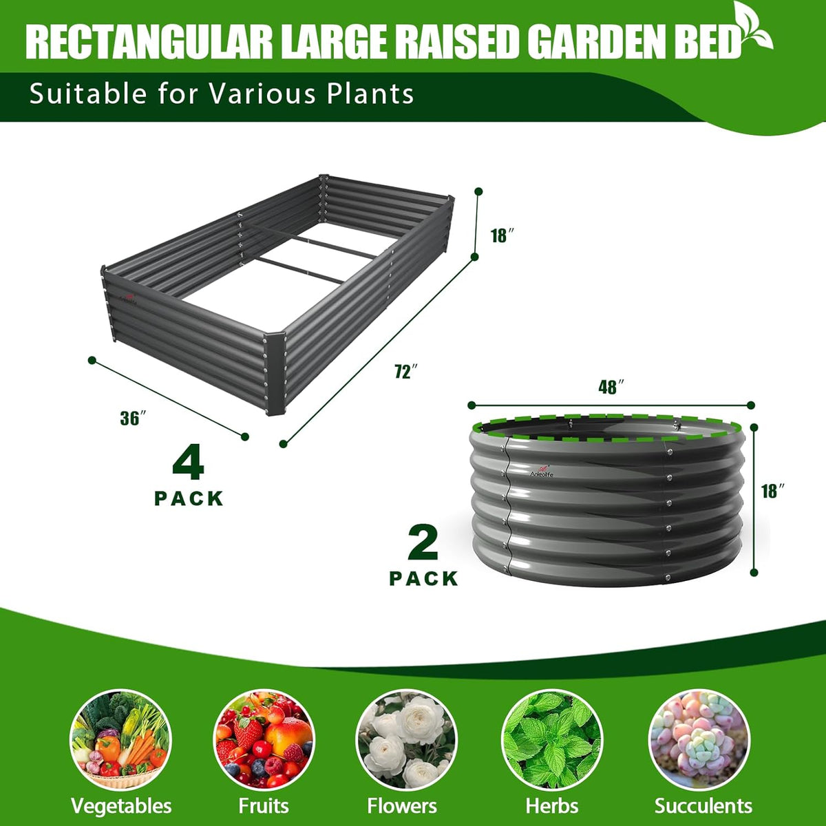 A ANLEOLIFE 6-Pack 4X4X1.5ft & 6X3X1.5ft Deep Root Galvanized Raised Garden Beds Outdoor for Planting Vegetables Flowers Herb, Quartz Grey