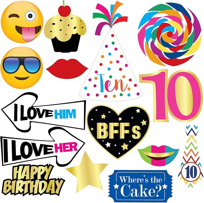 10th Birthday Photo Booth Party Props - 40 Pieces - Funny 10th Birthday Party Supplies, Decorations and Favors