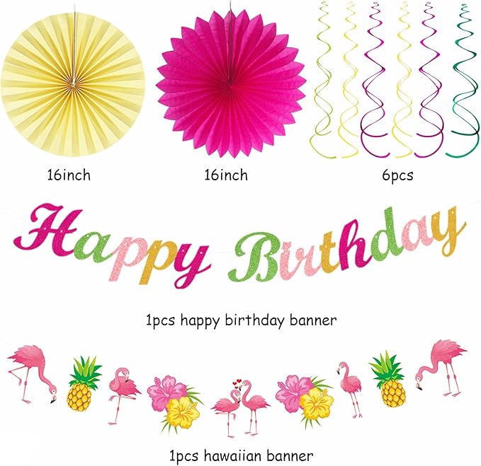 Hawaiian Luau Birthday Party-Decorations Supplies - 21pcs Happy Banner,Beach Paper Lanterns Honeycomb,Flamingo Pool Streamers Garland,Summer Tissue Pom Poms Flowers Fans,Tropical Tiki Decor Burgleda