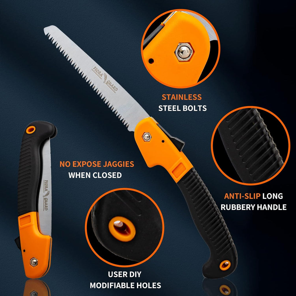 FLORA GUARD 7.7-Inch Folding Hand Saw, Pruning Saw with Trible-Cut Razor Teeth for Wood Cutting, Tree Trimming, Professional Camping Gardening Tools (Orange)