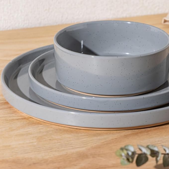 AmorArc Ceramic Dinnerware Set for 6 | Speckled Stoneware Plates and Bowls with Rustic Terracotta Underside| Scratch Resistant,Dishwasher & Microwave Safe Dishes Sets- 18pcs Gray