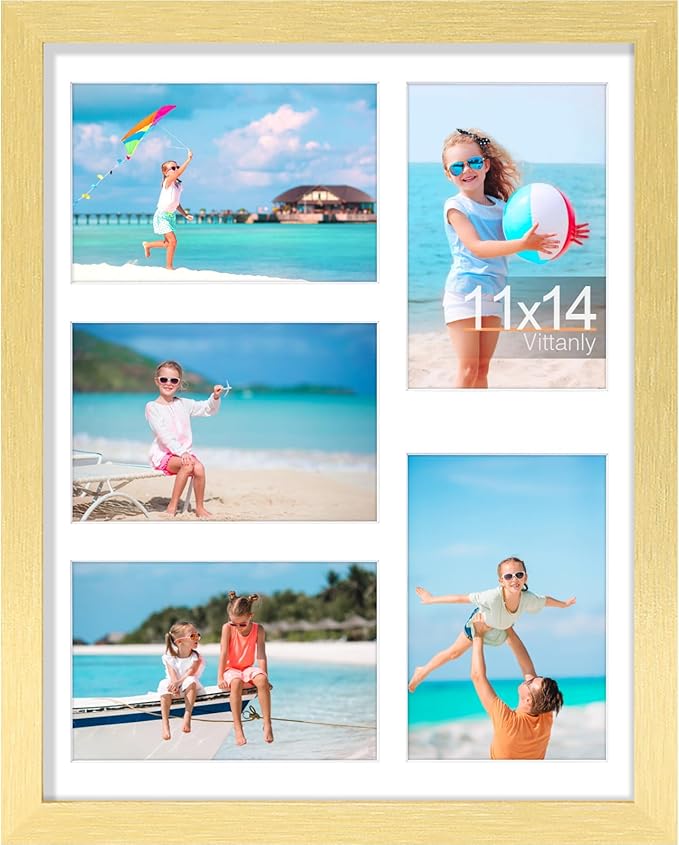 Vittanly 11x14 Collage Picture Frame, Displays 5Pcs 4x6 Pictures with Mat, Picture Frames Collage Wall Decor, Gold, 1 Pack