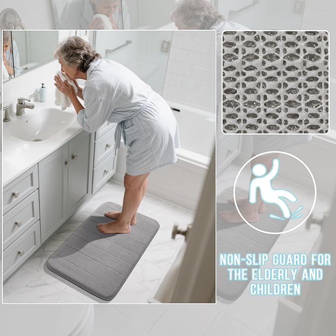 Yimobra Large Bath Mat 36"x24", Super Soft Quick Dry Memory Foam Bathroom Rug, Water Absorbent, Non Slip Backing Machine Washable for Tub Shower, Thick Comfort Support, Gray
