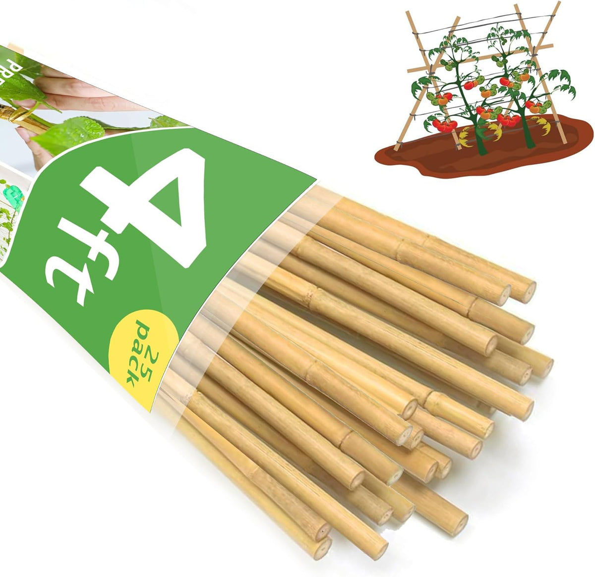 Garden Stakes 4ft, Natural Bamboo Stakes 4 Feet, Thicker Sturdy Plant Stakes 25 Pack for Tomatoes, Beans, Flowers, Potted and More Climbing Plants