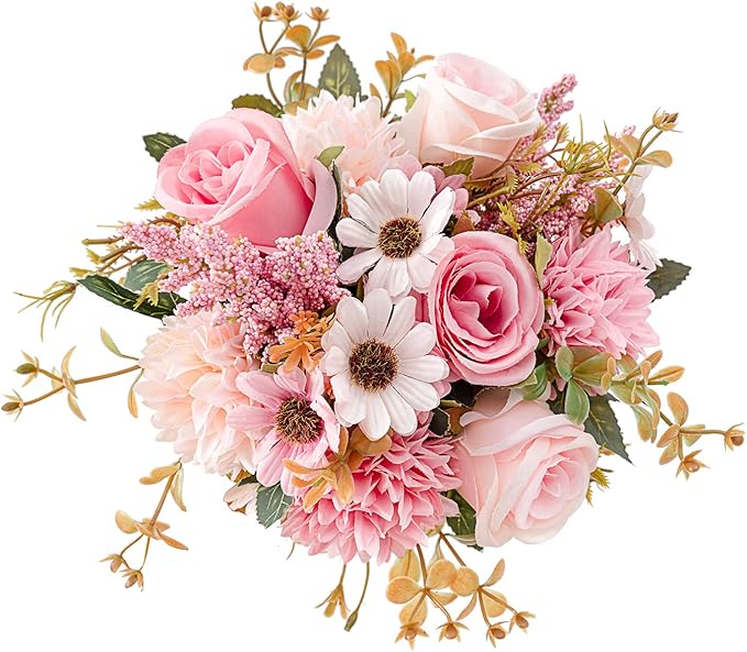 Epicpetal Fake Flowers in Vase, Artificial Pink Flowers in Vase for Decoration Faux Flowers Fake Floral for Home Decor Indoor Dining Table Centerpiece (Pink)