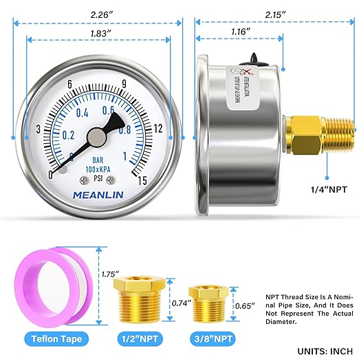 MEANLIN MEASURE 0~15Psi Dry Low Pressure Gauge Stainless Steel 1/4" NPT 2" FACE DIAL Waterproof for Water Oil Air Well Pump Tank Tire Pressure Test Back Mount, with 1/2" NPT and 3/8" NPT Hex Bushing