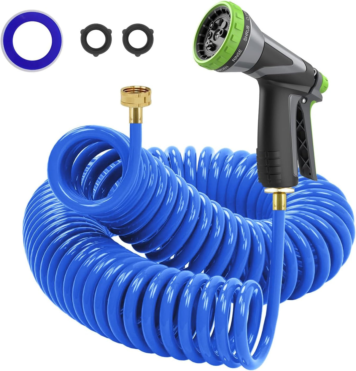 Coil Hose,3/8" EVA Coil Garden Hose 25 FT,Curly Water Hose Lightweight with Brass Connectors,Recoil Garden Hose Includes 8-Pattern Spray Nozzle for Boat, Yard, Patio, Green