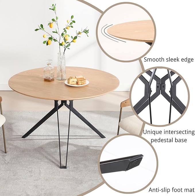 DUOMAY 47'' Round Dining Table for 4-6 Person, Mid-Century Modern Solid Wood Dining Room Table, Dinner Table with Intersecting Pedestal Metal Base for Kitchen, Office, Living Room, Natural