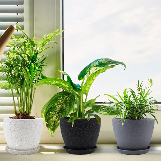 Plant Pots 8.5/7.5/6.5/6 inch, 4 Pack Pot for Indoor Plants, Modern Decorative Plastic Planters with Drainage Holes and Saucers for House Plants Indoor Outdoor Flower Plants