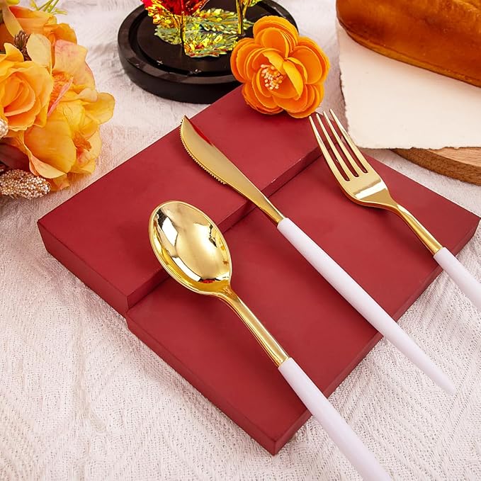Rubtlamp 96 Pcs Gold Plastic Silverware, Gold Plastic Utensils with White Handle, Cutlery Set Disposable Includes: 32 Knives, 32 Plastic Spoons And 32 Forks for Wedding And Party