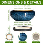 Bonsai Pots - 13 Inch Ceramic Succulent Pots for Indoor Outdoor, Large Succulent Planter with Drainage Hole and Saucer, Round Shallow Flower Planters, Porch Decor, Gardening Gifts, Blue