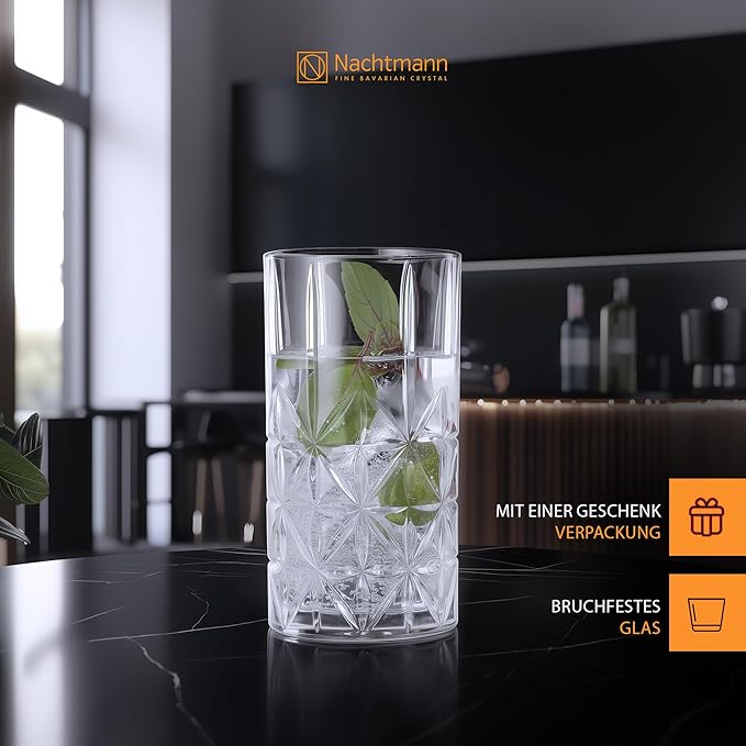 Nachtmann Highland Collection Crystal 6” Long Drink Glasses, Set of 4, With Different Glass Patterns, For Cocktails or Non- Alcoholic Beverages,445 ml, Dishwasher Safe