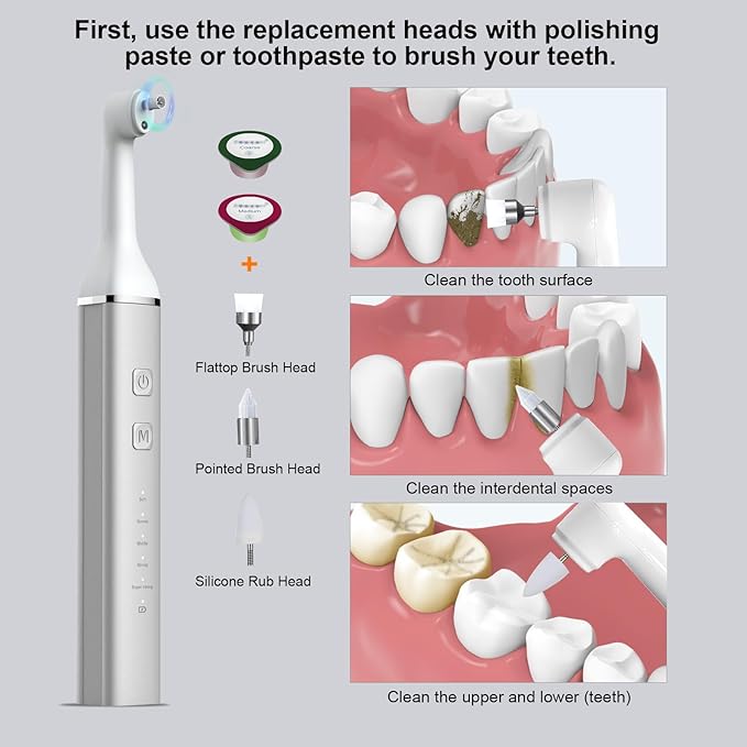 Tooth Polisher and Plaque Remover, Teeth Cleaning Tools for Cleaning and Polishing of Tooth, Dental Cleaning Tools for Brighten and Polish Teeth with 5 Brush Heads, 4 Speed Modes and 3 Polish Pastes
