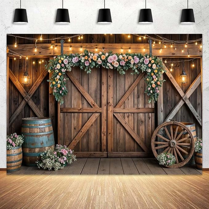 8x6ft Country Wedding Photography Backdrop Rustic Barn Door Photography Backdrop Farmhouse Pink Flower Cabin Wooden Birthday Baby Shower Wedding Bridal Party Banner Photo Booth Props Background