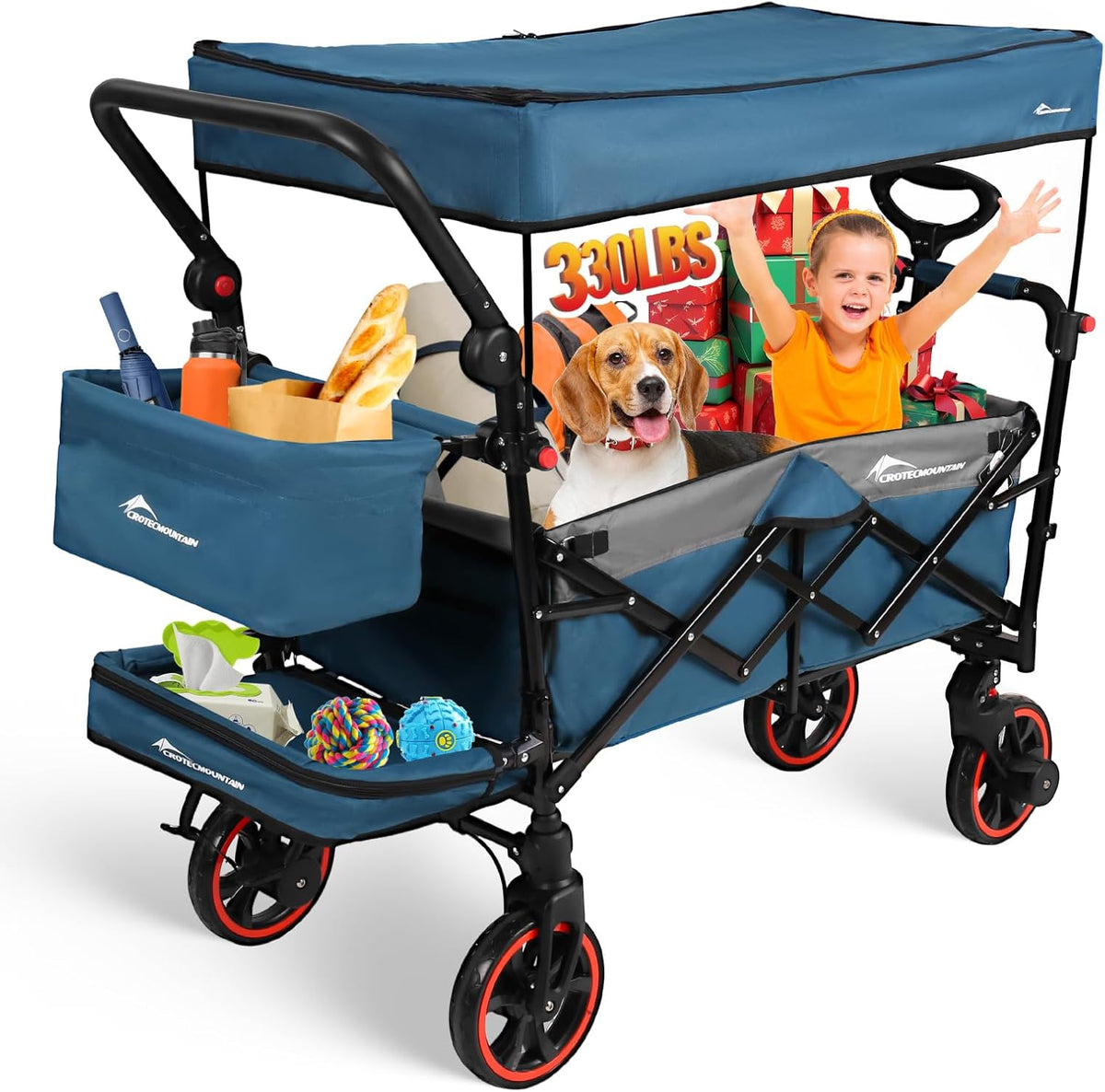 Collapsible Canopy Wagon,Large Capacity Trolley, Foldable Portable Cart with Canopy, Adjustable Push/Pull Handle, Shock-Absorbing Wheels, Suitable for Shopping,Traveling-G