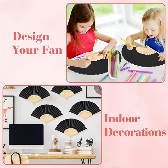 48 Pieces Black Hand Held Bamboo Folding Fans Paper Fans Handheld for Women Foldable Girls Wedding Decoration Church Home Party Favors Summer