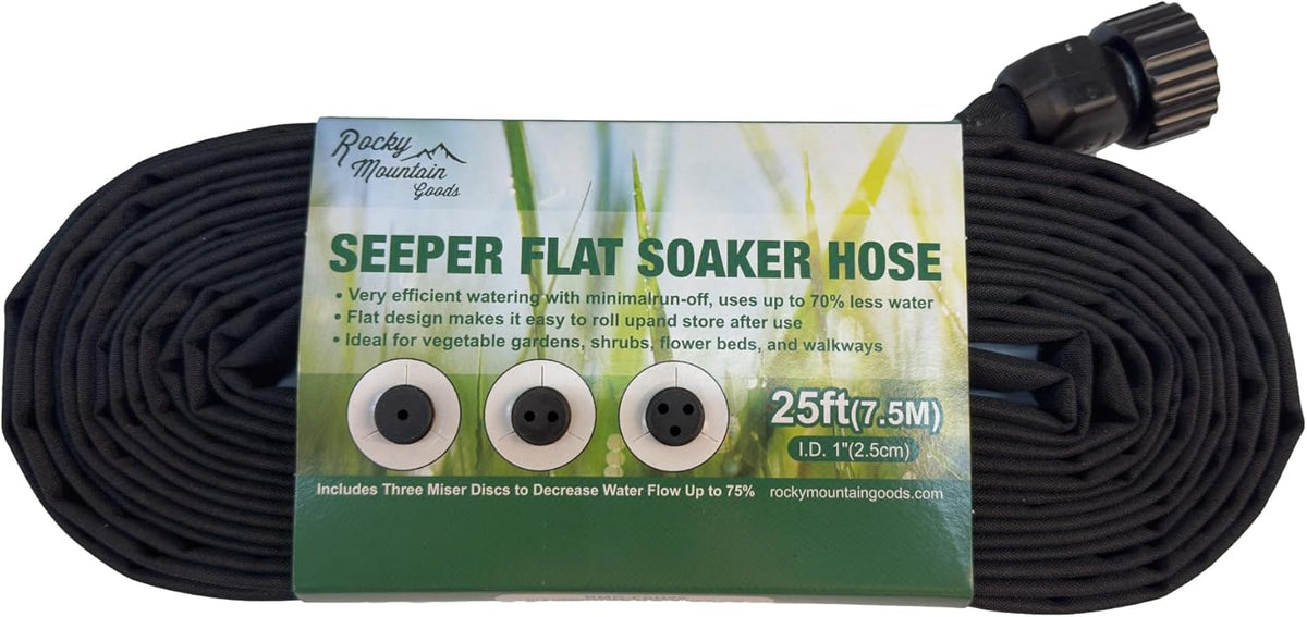 Rocky Mountain Goods 25 Foot Flat Weeper Soaker Hose - Drip Irrigation - Double Layer Design - Saves 70% Water - Consistent Drip Entire Length of Hose - Includes 3 Pressure Reducing Discs