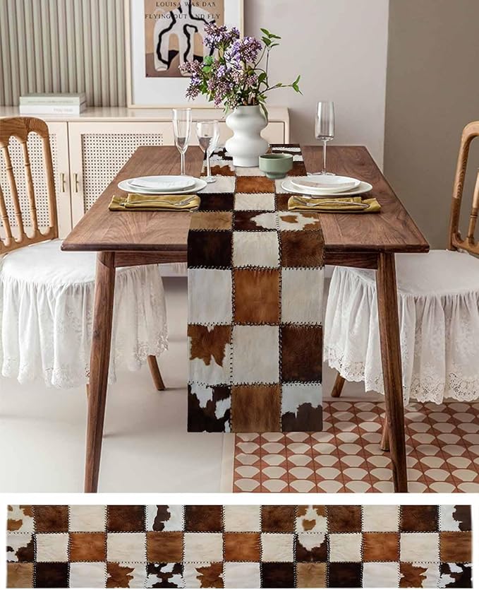 Abstract Cowhides Cotton Linen Table Runner for Dining Kitchen, Wedding Outdoor Party Tablerunners Decoration, Brown Beige Animal Fur Texture Dresser Scarf Coffee Tablecloth Runners 13x108 Inches