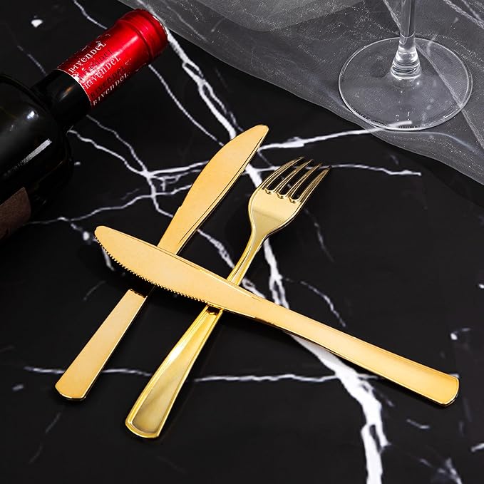 300 Pieces Gold Plastic Silverware - Heavy Duty Disposable Cutlery Set - Gold Disposable Utensils Include 150 Forks, 75 Spoons, 75 Knives for Dinner, Parties, Weddings
