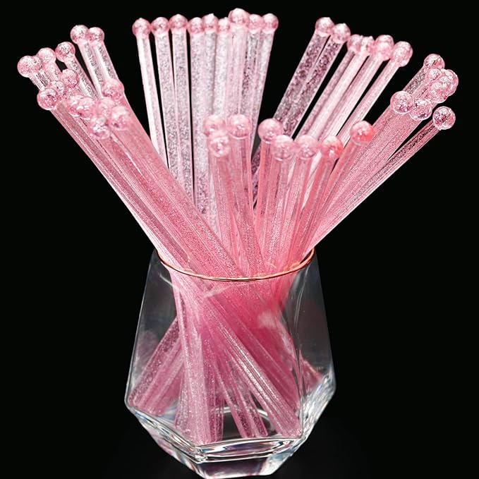50-PCS Pink Glitter Plastic Swizzle Sticks, Crystal Cake Pops, Cocktail Coffee Drink Stirrers, Lolipop Stick, for Valentines Day Christmas Party, 7.24 Inch