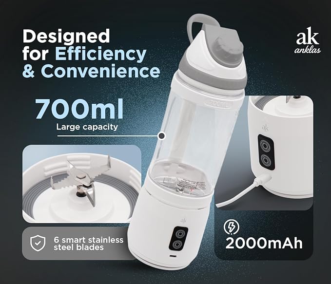 Rechargeable Smoothie Blender 700ml – Portable Mini Travel Blender for Shakes and Smoothies with Six Stainless Steel Blades and USB Charging (White and Gray)