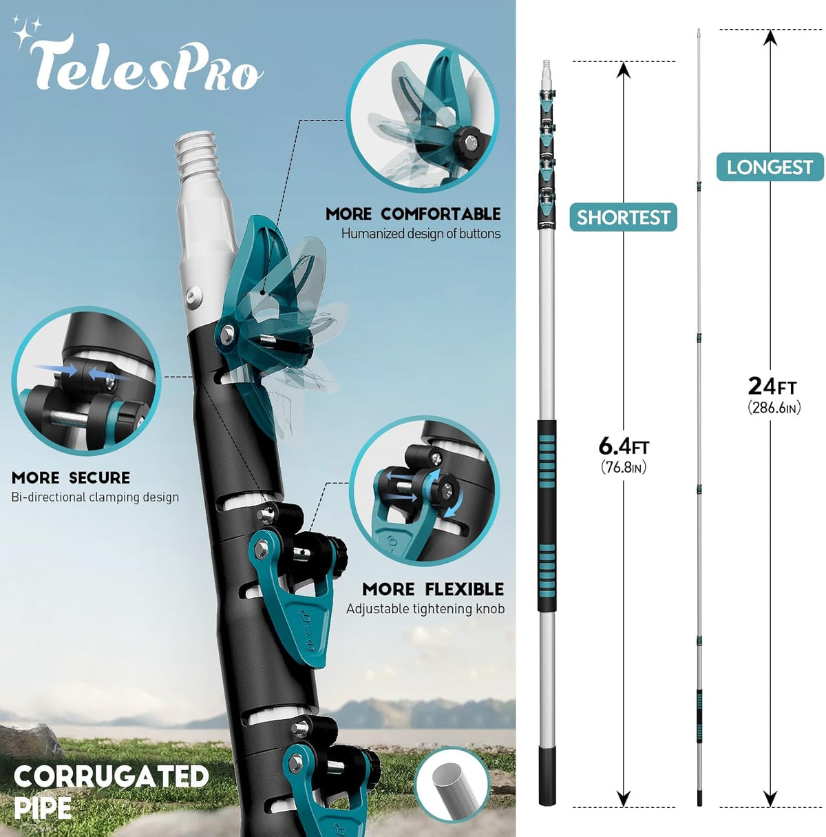 Extendable Tree Trimmer: Manual Pole Saw | 6-24ft Telescoping Pruning Pole for Tree Trimming | Saw Attachment, Safety Goggles, and Gloves Included | Trim Branches up to 2" Diameter