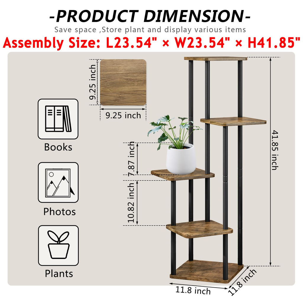 AZERPIAN 5 Tier Tall Plant Stand Indoor Corner Tiered Shelf Metal MDF Board