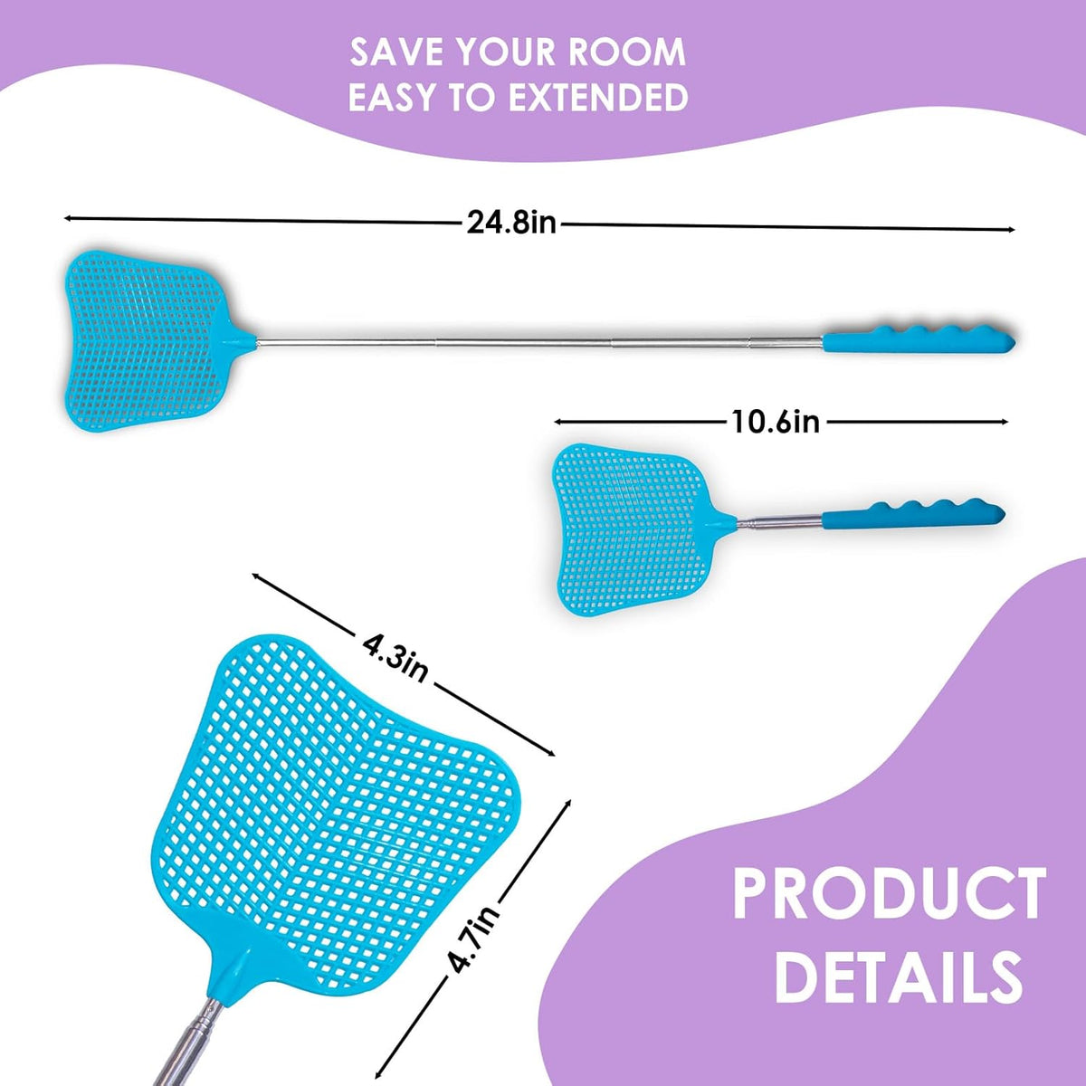 Wapodeai 3 pcs Fly Swatter, Fly Swatters Plastic Telescopic, Large Bug Swatter That Work for Indoor and Outdoor. (3 Blue)