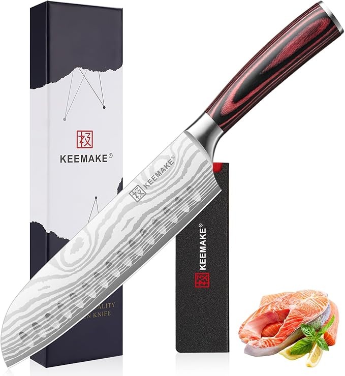 KEEMAKE 7 Inch Japanese Santoku Knife, Ultra-Sharp 1.4116 High Carbon Steel Blade with Pakkawood Handle, Professional Chef's Knife for Kitchen w/Sheath and Gift Box
