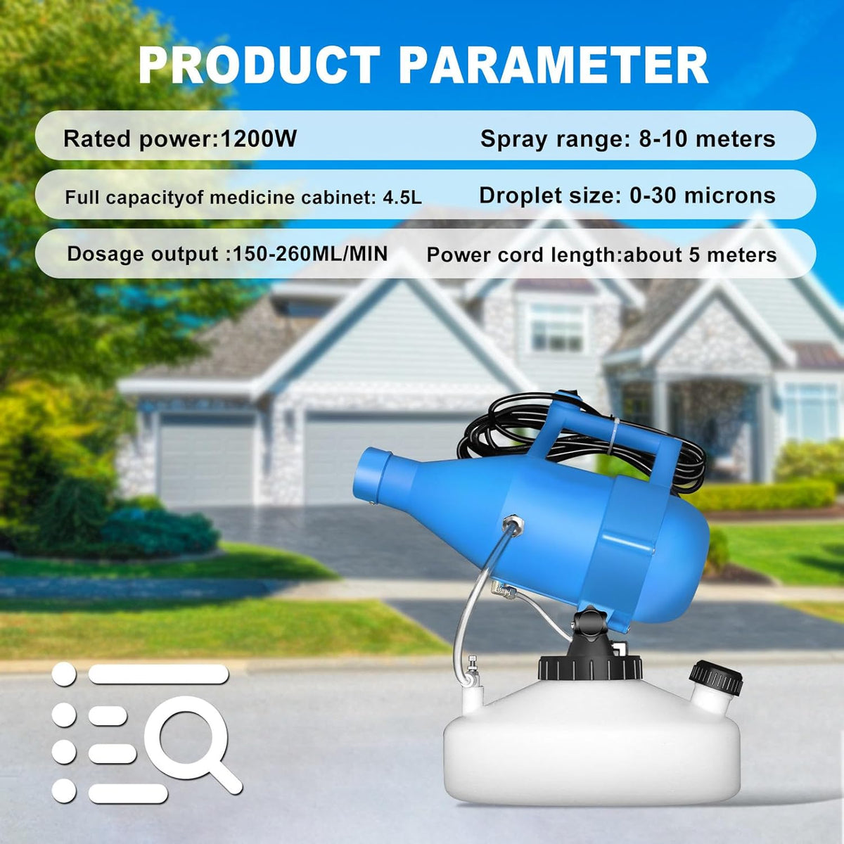 4.5L(1.2Gallon) Portable Electric ULV Fogger Sprayer, 26-32ft Spraying Distance Atomizer Mist Rate 150-260ml/min Cold Fogger Machine, for Home,Hotel,Church,School,Lawn,Yard,Garden