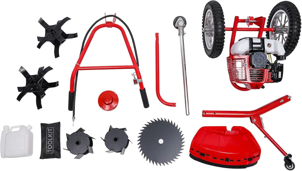 Walk Behind String Trimmer, 1.8KW Hand-Pull 2 Stroke Air-Cooled Single-Cylinder Lawn Mower Gas Powered 49CC 57.1X17.2X27.6 Inch Walk Behind Weed Trimmer for Lawn Garden