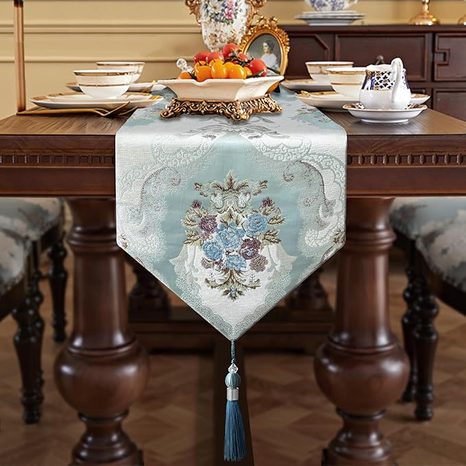 HeMiaor Elegant Table Runner Thick Chenille and with Delicate Tassel for Daily Classic Decoration Light Blue Gorgeous Flower Pattern 13x60 Long