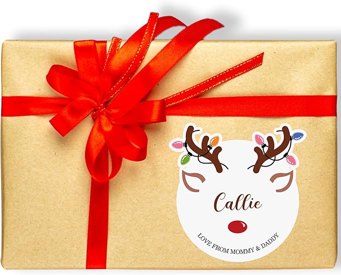 CALLIE Personalized Christmas Stickers with Custom Name, Waterproof Custom Christmas Name Tags Stickers, Peel and Stick Christmas Gift Tags ﻿(Cute Christmas Reindeer)