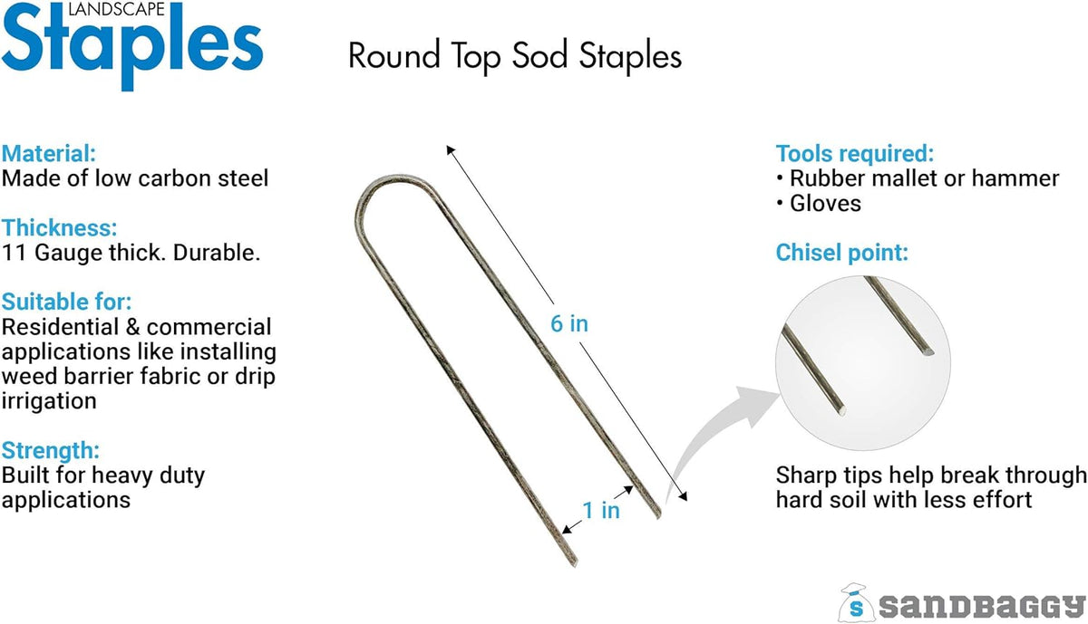 Sandbaggy Round Top 6-Inch Landscape Staples ~ SOD Garden Stakes Square Pin for Ground Cover Fabric & Drip Irrigation Tubing (1,000 Staples)
