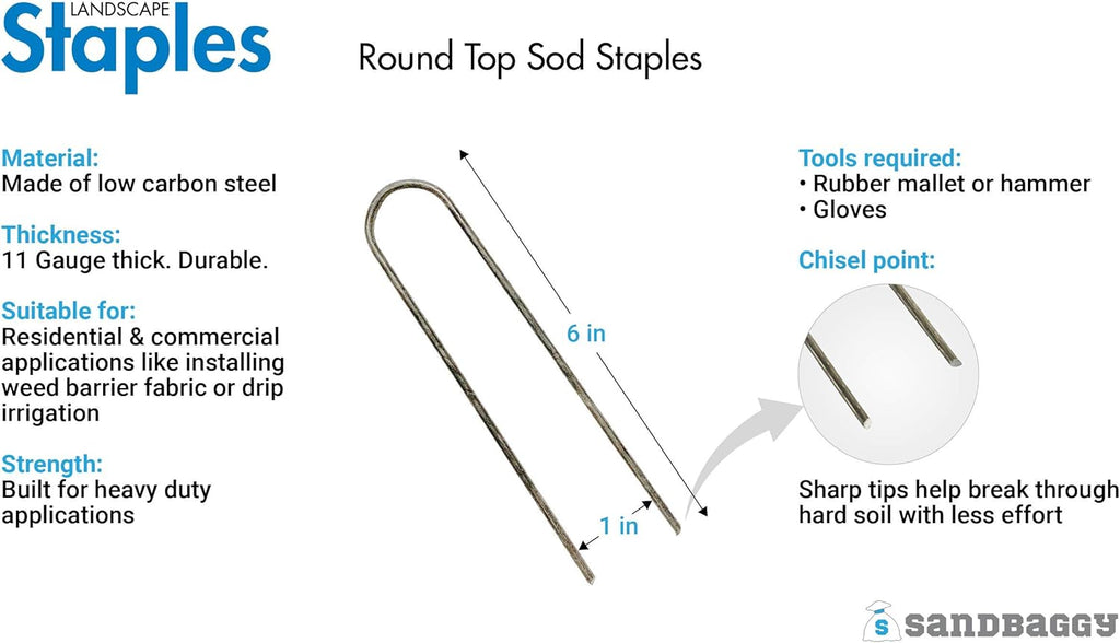 Sandbaggy Round Top 6-Inch Landscape Staples ~ SOD Garden Stakes Square Pin for Ground Cover Fabric & Drip Irrigation Tubing (200 Staples)