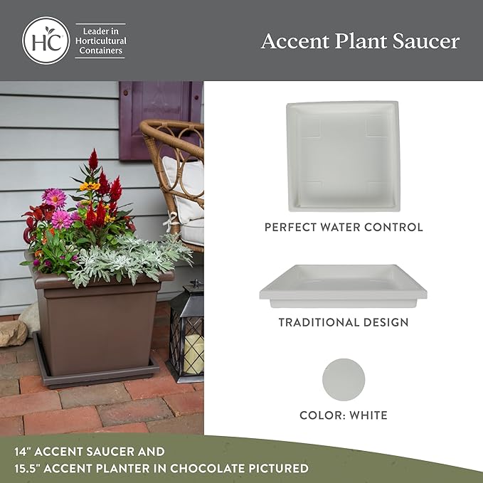 The HC Companies 11 Inch Accent Square Plant Saucer, Lightweight UV-Resistant Plastic Outdoor & Indoor Flower Pot Tray, 2-Pack Plant Pot Trays for Garden & Home Decor, White