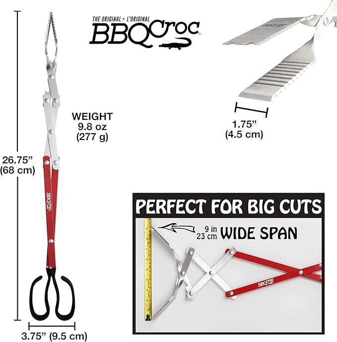 BBQ Croc 3 in 1 Barbecue Tool 26-inch - Extra Light and Super Long Heavy Duty Tongs, Spatula and Grill Scraper (Red) - Longest BBQ Tool Ever!