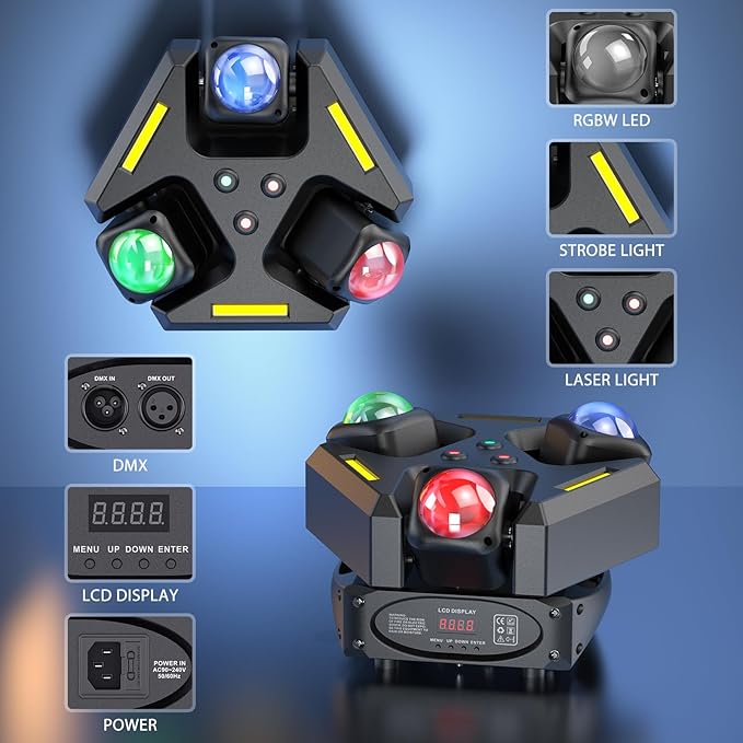 Moving Head DJ Lights, 150W RGBW LED Laser Stage Light,XY Dual-Axis Rotating,Strobe & Star Effect,Linear Dimming, DMX Sound Activated,Laser Party Lights for Live Show,Wedding,KTV Club,Bar