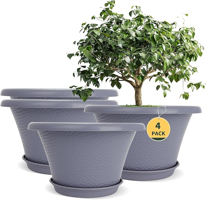 Quarut 12 Inch Large Planter Pot for Plants Indoor Outdoor, 4 Pack Plastic Flower Pots with Drainage Hole & Tray, Modern Decorative Garden Pot with Saucer, Plant Container for House Grey