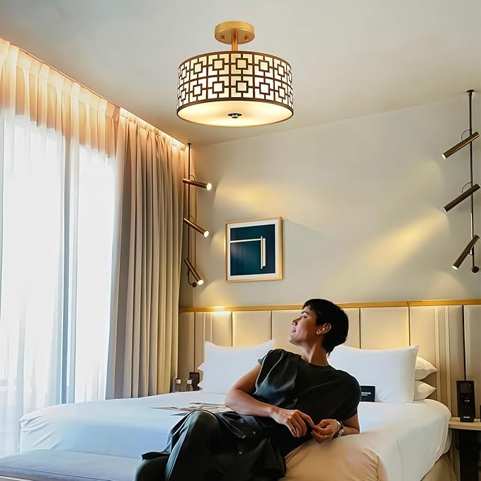 DLLT Flush Mount Ceiling Light: Modern 3-Light Semi Flush Mount Light Fixture - Drum Kitchen Lighting Fixture for Dining Room - Gold Bedroom Ceiling Lamp with Double Shade