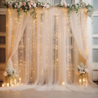 20×10ft Champagne Tulle Backdrop Curtain with Lights String for Parties, Sheer Curtain Backdrop Drapes for Wedding Party Photography Background