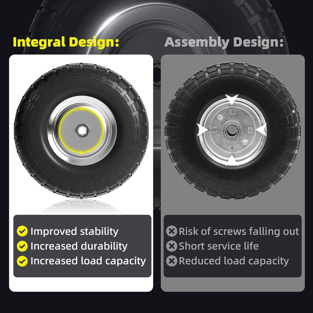 【UPGRADED】4.10/3.50-4 Tire and Wheel Flat Free, 10 Inch Solid Rubber Tire with 5/8”Axle Bore Hole and Double Sealed Bearings, for Dolly Wheels/Hand Truck Wheels/Dump Cart，4 Pack