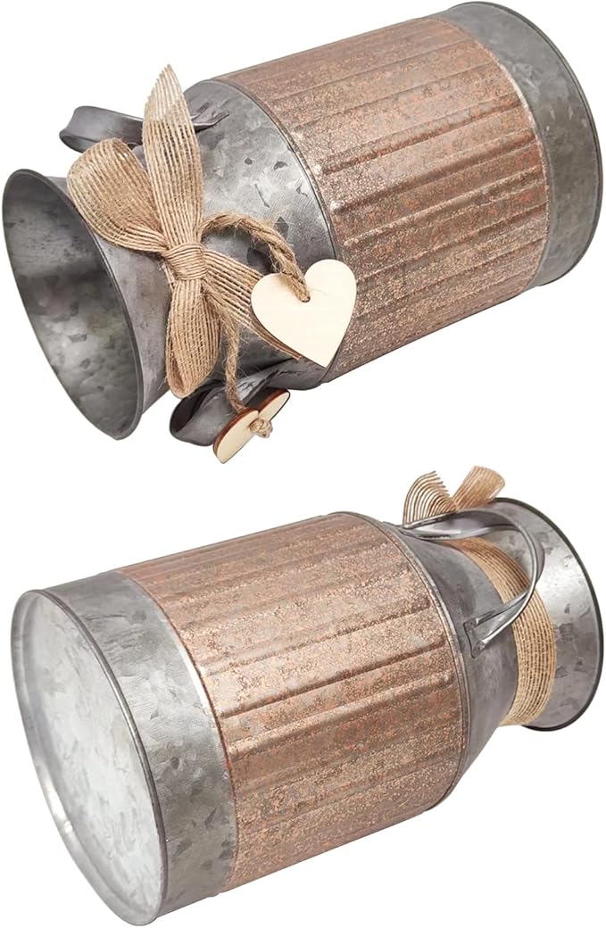 Shabby Chic Classy Designed Brown Milk Can Heart-Shaped Galvanized Finish Metal Vase Country Rustic Primitive Decorative Flower Holder, 8.8" H