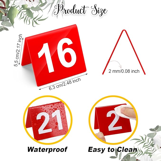 Tuanse Table Numbers 1-25 Acrylic Double Side Numbered Table Tents Plastic Restaurant Wedding Numbers Cards Signs for Party Banquets Wedding Reception(Red, White)