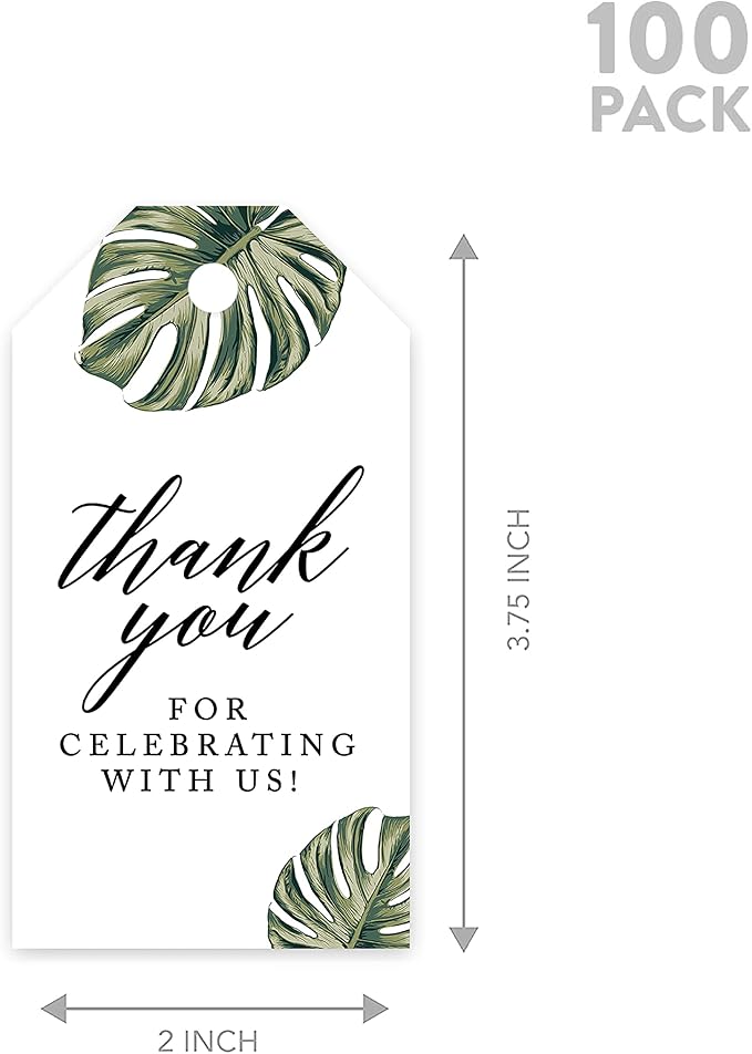 Andaz Press 100-Pack Thank You for Celebrating with Us Favor Tags Tropical Monstera Leaves Cardstock Gift Tags with Bakers Twine for Wedding Baby Shower Bridal Shower Party Favors 2 x 3.75-Inches
