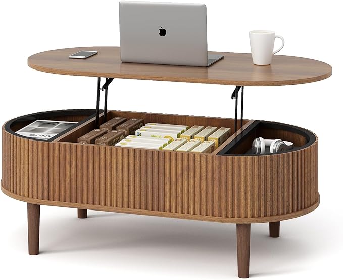 Ludatido 39 Inch Lift Top Coffee Table with 3 Storage for Living Room, Oval Coffee Table with Hidden Compartment, Fully Wooden Center Easy to Assembled for Home Living Room Office Brown