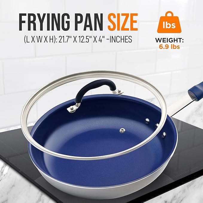 NutriChef 12" Fry Pan With Lid - Large Skillet Nonstick Frying Pan with Silicone Handle, Ceramic Coating, Blue Silicone Handle, Stain-Resistant, Easy To Clean, Professional Home Cookware