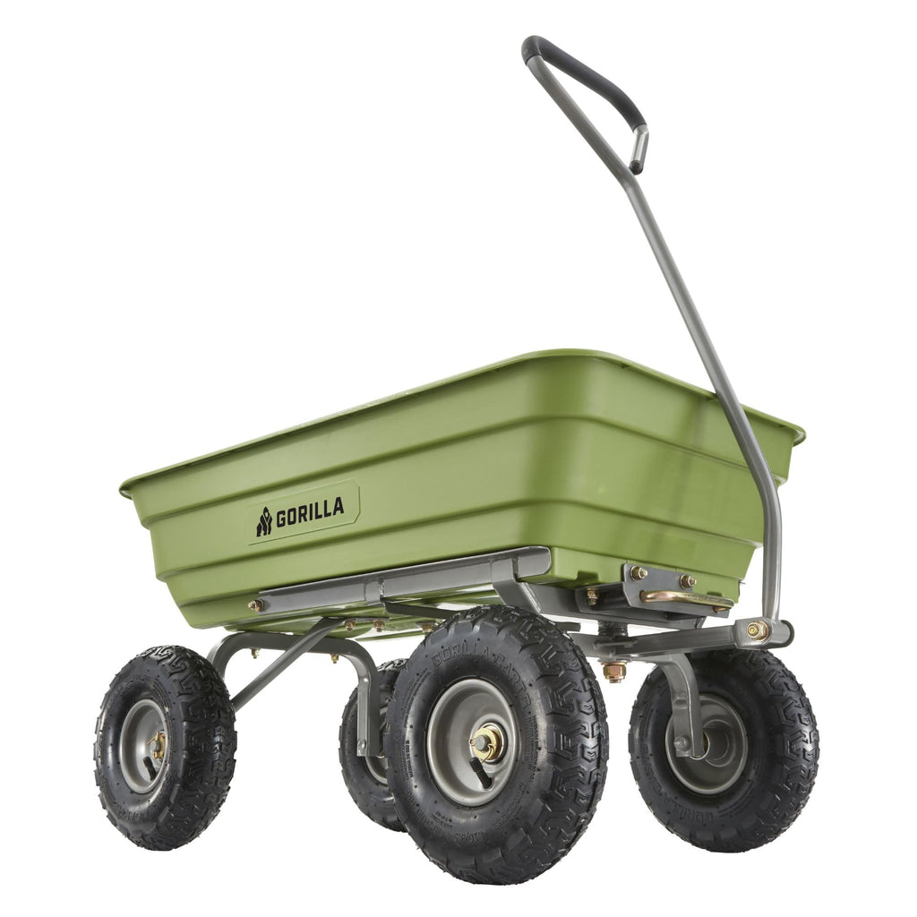 Gorilla Carts 600-Pound Capacity Heavy Duty Poly Yard Garden Steel Quick Dump Utility Wheelbarrow Wagon Cart with Straight Pull Handle, Green, Model GOR4G-COM